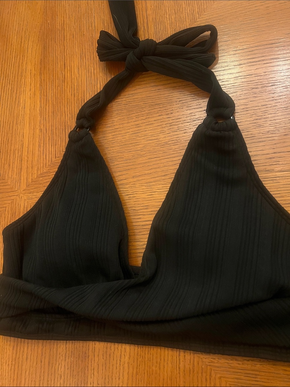 Black Ribbed Halter Bikini Top crossover style super soft Size XL B28